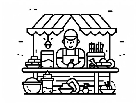 recommend clip art: Outline icon of street hawker using minimalist style and black line outline. White background
                    