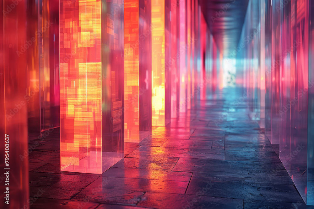 Poster a cascade of neon rectangles, layering to form a deep, three-dimensional space,