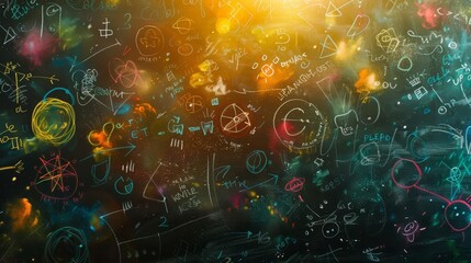 Chalk dust floats in sunbeams over a blackboard, scribbled with colorful equations and playful doodles, kawaii, bright water color - obrazy, fototapety, plakaty