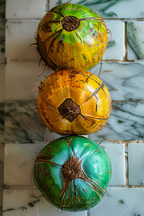 Three coconuts in various ripening stages displayed vertically - obrazy, fototapety, plakaty