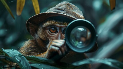 Obraz premium A monkey wearing a hat and holding a camera lens