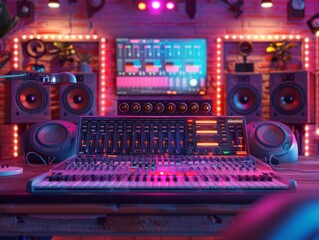 Obraz premium A music producer sits at a mixing console in a recording studio, surrounded by speakers and other equipment.