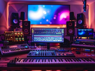 A music producer sits at a mixing console in a recording studio, surrounded by synthesizers, drum machines, and other electronic equipment.