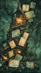 A narrow chasm with stone books scattered on the ground and glowing mushrooms on the walls.