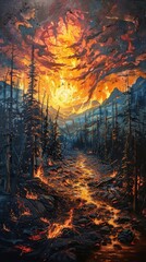 A painting of a forest fire. The fire is raging through the trees, and the flames are reaching up to the sky. The trees are silhouetted against the flames, and the sky is a deep orange.