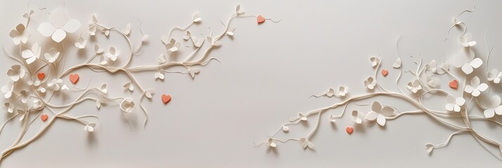 Delicate papercut vines, adorned with tiny papercut hearts, weave a love letter across a blank page Each heart holds a single word, forming a romantic message for Valentines Day