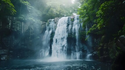 Fototapeta na wymiar Majestic Waterfall Plunging Down Rocky Cliffs Amidst Lush Greenery