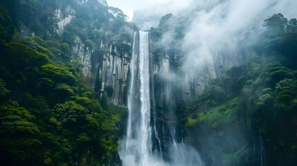 Majestic Waterfall Cascading Down Rocky Cliffs Enveloped in Lush Greenery