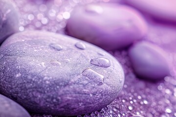 Fototapeta na wymiar Purple pebbled texture. Scattered sea pebbles. Colorful smooth stones. Large violet pebbles. Decorative rocks pile. Minimal style flat lay, concept of calm, peace, meditation. Creative summer pattern.