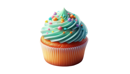 A scrumptious cupcake adorned with vibrant turquoise icing and a sprinkling of colorful confetti, set against a pristine white background.