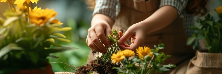 Girl who carefully handles the roots of a home flower - obrazy, fototapety, plakaty
