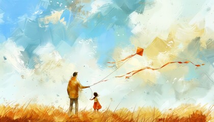 Father and daughter fly a kite on a breezy day, the sky a canvas of wide, sweeping brushstrokes, kawaii, bright water color