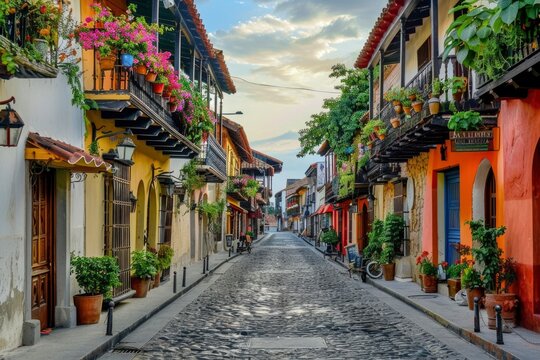 Fototapeta A narrow cobblestone street lined with colorful buildings and potted plants