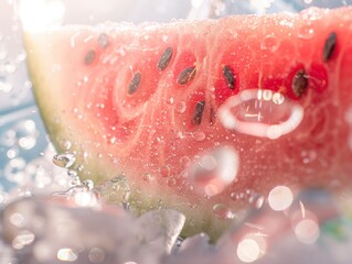 Fototapeta premium A slice of watermelon is shown with a lot of water droplets surrounding it