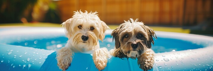 Two wet havanese dogs leaning against the edge of an inflatable outdoor pool