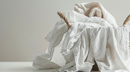 Basket full of white clothes is piled on a table waiting for washing in a laundry room.