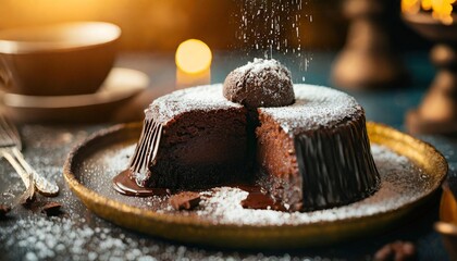 a freshly baked chocolate lava cake with a molten center chocolate cake or fondant powdered sugar...