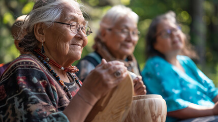 Elders passing down traditional storytelling techniques and oral histories to younger generations. Knowledge, happiness, love, self-development and self-knowledge, friendship, resp - obrazy, fototapety, plakaty