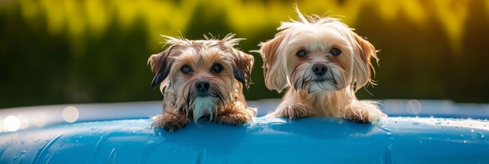 Two wet havanese dogs leaning against the edge of an inflatable outdoor pool - obrazy, fototapety, plakaty