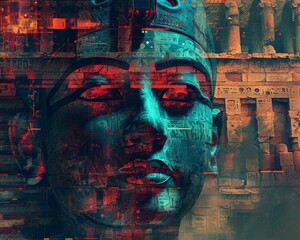 A photo of a statue of an Egyptian pharaoh, with a glitch effect.