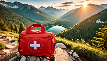 Closeup of a red first aid kit on a mountain trail. In the background an aerial view with a mountain landscape with green forests, small lake and valley. Mountain rescue concept. Generative Ai.