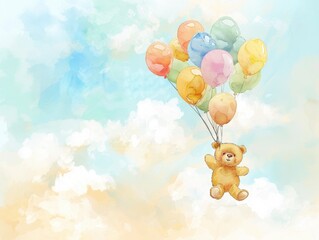 A teddy bear is flying through the sky with a bunch of balloons
