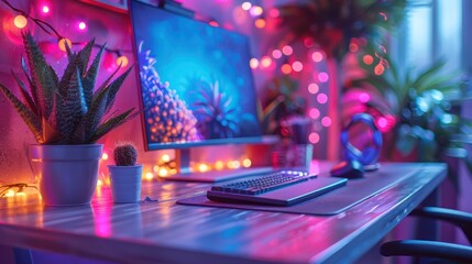 A Desk With a Computer and a Cactus in a Pot