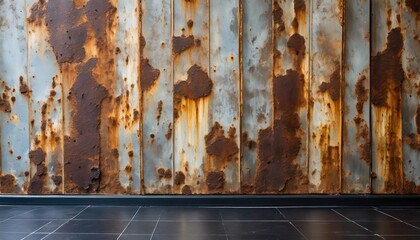 a detailed view of a weathered rusted wall contrasted against a sleek black floor