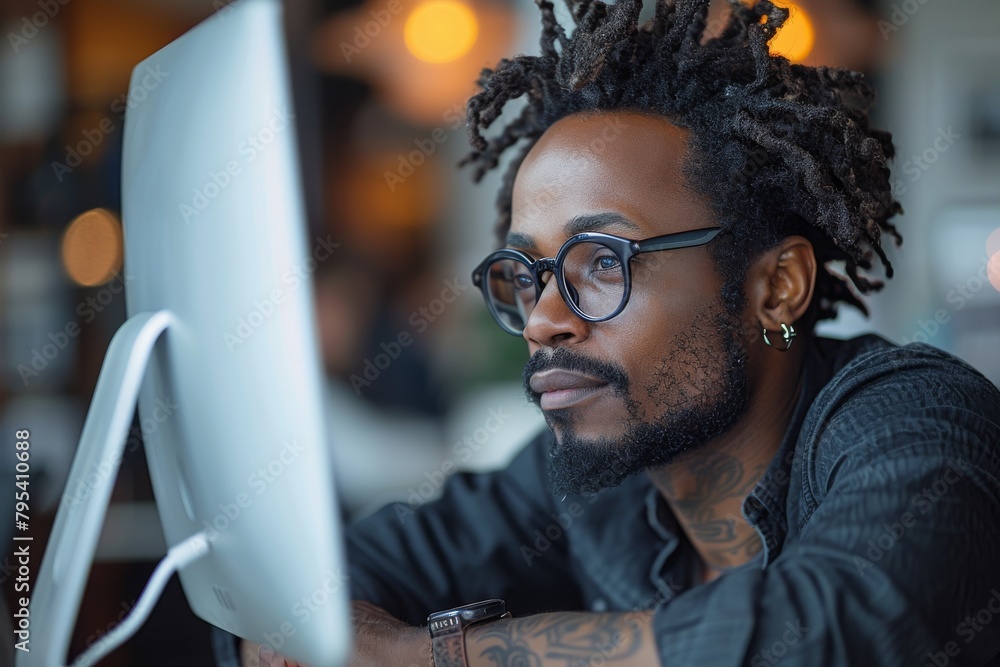 Poster a professional man in a workplace setting intently looking at a computer screen, displaying a sense 