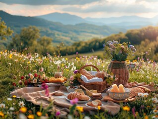 A picnic in the mountains with a view of the valley.