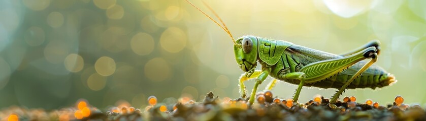 In a macro technological display, a grasshoppers leap is enhanced by holographic boosters, creating a blur of motion and light in the digital twilight