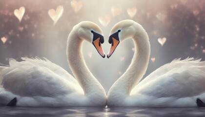 two isolated white swans look each other and form a heart love forever concept