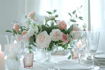 Elegant table centerpiece decoration against a soft transparent white surface, adding refinement