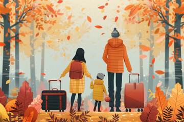 Man and woman with a child walking through autumn forest with luggage