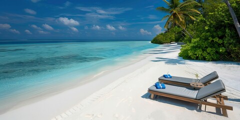 Luxurious tropical landscape. White sand with palm trees and azure sea. A heavenly place to relax....