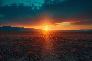 A geometric sunrise, with rays of light beaming through shapes on the horizon,