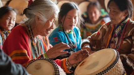 Elders passing down traditional music instruments and songs to younger family members. Knowledge, happiness, love, self-development and self-knowledge, friendship, respect for each