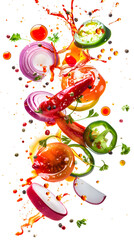 Explosion of sauces and fresh sliced vegetables flying on white background. Vegetable salad with vinegar, balsamic, olive oil