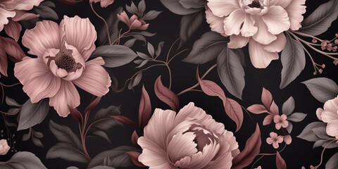Moody charcoal grey and dusty rose flowers creating an elegant seamless pattern.