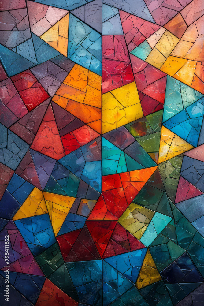 Poster a kaleidoscope of overlapping triangles creating a mosaic of vibrant hues,