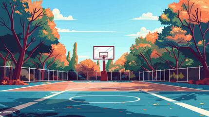 Outdoor basketball court scene in flat graphics - obrazy, fototapety, plakaty