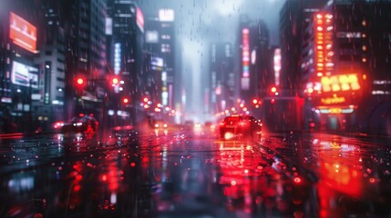 Obraz premium A rainy night in a cyberpunk city with red neon lights reflecting off the wet pavement.