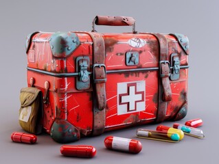 A red and white medical kit with a cross on the front.