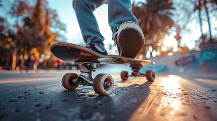 A skateboarder rides on a skateboard in a skate park