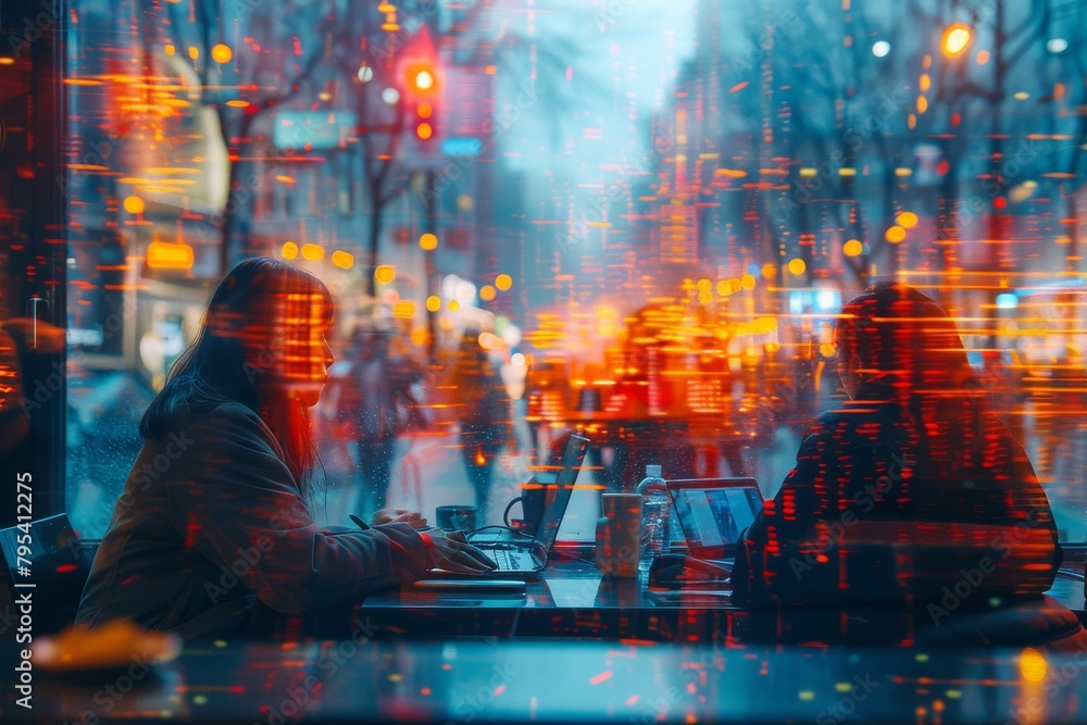 Poster evocative image of an individual at a laptop with a cityscape backdrop and dynamic light trails symb