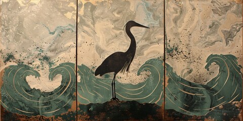 Sophisticated home decor panels featuring an egret silhouette on a serene sea green and ivory marble design