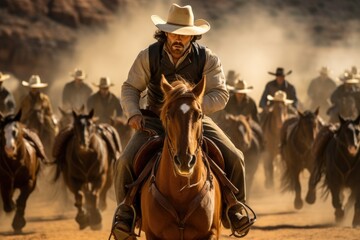 A cowboy in a hat on a western horse - obrazy, fototapety, plakaty
