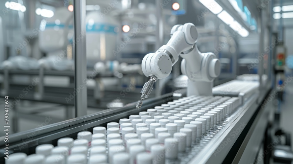 Poster a robotic arm is working on an assembly line in a factory.