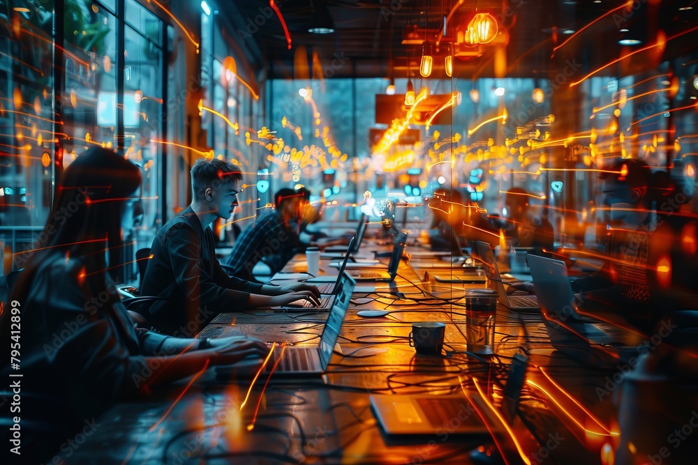 Poster a tech-savvy workspace with employees engaged on laptops with a vibrant overlay of digital network l