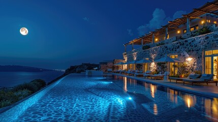Fototapeta na wymiar Luxurious poolside villa at sunset on Santorini island in Greece